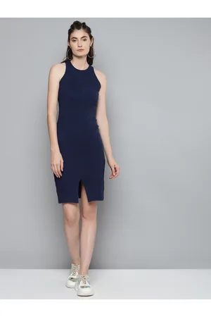 Sassafras Women Navy Blue Solid Cotton Bodycon Dress