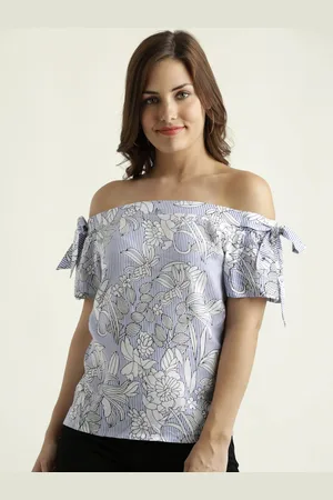 Miss Chase Women Blue Printed Bardot Top