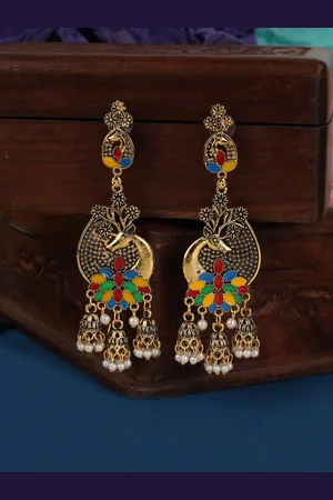 ANIKAS CREATION Multicoloured Gold-Plated Contemporary Jhumkas