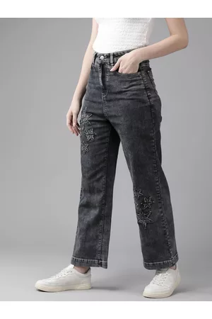 KASSUALLY Women Charcoal Wide Leg High-Rise Embroidered Stretchable Jeans
