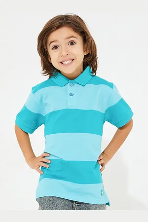 Cherry Crumble Kids-Boys Blue & Turquoise Blue Colourblocked Polo Collar T-shirt