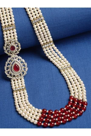 Sanjog Men Gold-Toned & Ruby Red Brass Necklace Dulha Moti Mala Haar Groom Necklace