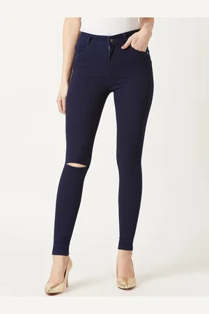 Miss Chase Women Navy Blue Skinny Fit Mid-Rise Slash Knee Jeans