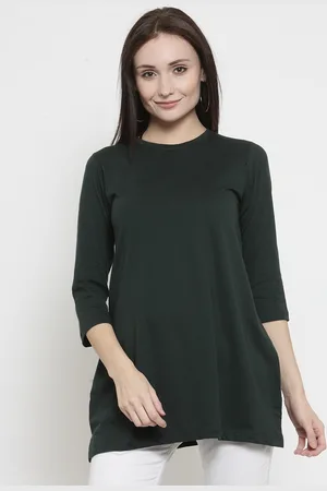 Kalt Women Green Solid Round Neck Longline T-shirt