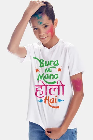 BONKIDS Boys White & Pink Typography Striped Cotton Holi T-shirt