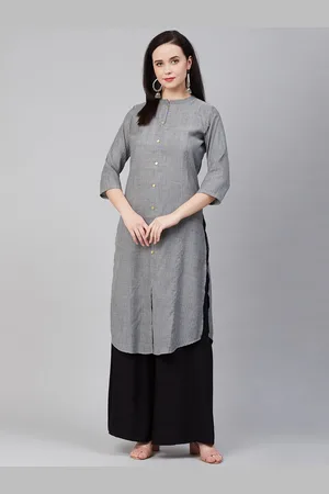 Bhama Couture Women Charcoal Grey & White Self-Striped Straight Kurta