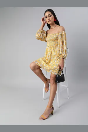 Sera Women Yellow & White Floral Printed Smocked A-Line Dress