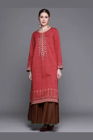 Biba Women Red & Golden Self Design Kurta