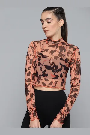 Reebok Women Peach-Coloured & Black Beauty Trend Printed Cropped Mesh Top