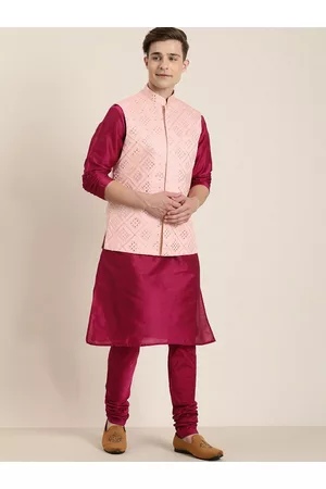 Vastramay Men Fuchsia Kurta with Churidar & Nehru Jacket