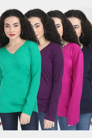 Fleximaa Women Multicoloured Set Of 4 Cotton V-Neck T-shirt