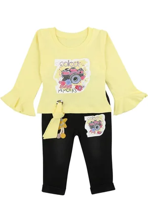 V-Mart Girls Yellow & Black Printed Top with Trousers