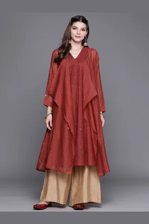 Fabindia Women Rust Orange & Golden Abstract Hand Block Print Layered Kurta