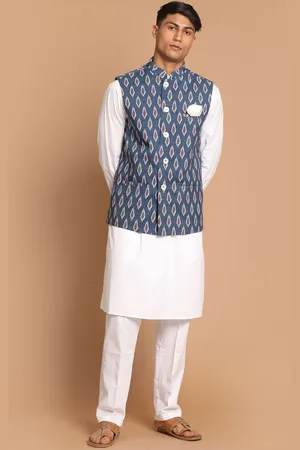 Vastramay Men White Pure Cotton Kurta with Pyjamas & Nehru Jacket