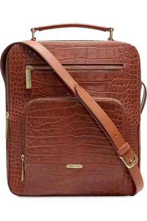 Hidesign Men Tan Brown Crocodile Print Textured Messenger Bag
