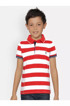 METRO KIDS COMPANY Boys White & Red Organic Cotton Striped Polo Collar T-shirt
