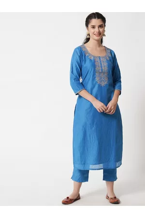 Aujjessa Women Blue Layered Thread Work Chanderi Silk Kurti with Trousers
