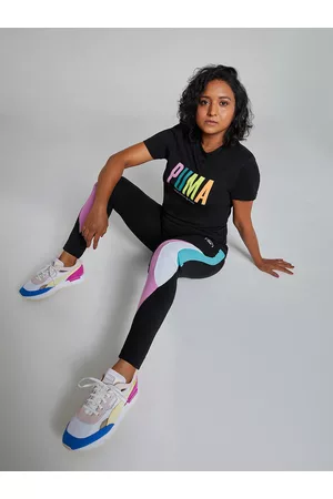 PUMA Women Black & White Colourblocked Slim Fit High Rise Tights