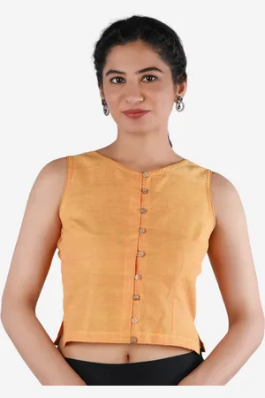 Llajja Women Yellow Solid Pure Cotton Non Padded Long Saree Blouse
