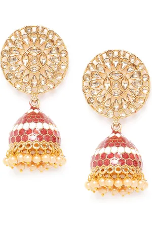 Jewels Galaxy Red Gold-Plated Stone-Studded Enamelled Dome-Shaped Jhumkas