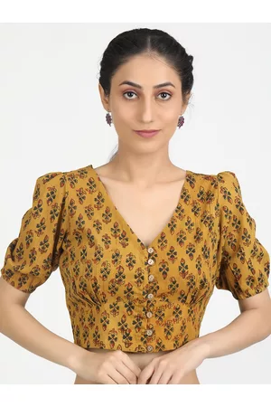 Llajja Women Mustard Ajrakh Block Printed Cotton Saree Blouse
