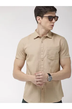Highlander Men Beige Slim Fit Solid Casual Short Sleeve Shirt