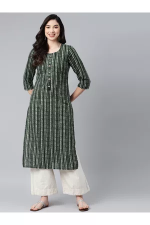 PIROH Women Green & White Bandhani Printed Pure Cotton Kurta