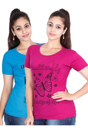 Fleximaa Women Blue & Magenta Pack Of 2 Printed Cotton T-shirt
