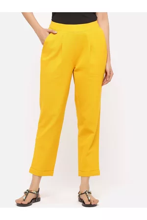 Jaipur Women Yellow Regular Fit Solid Cropped Trousers
