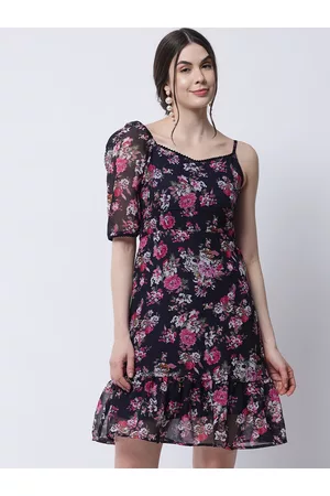 MARC LOUIS Women Navy Blue & Pink Floral Georgette Dress