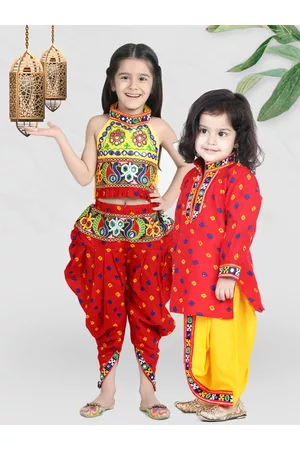 BownBee Girls Red & Yellow Embroidered Halter Crop Top with Dhoti Pants