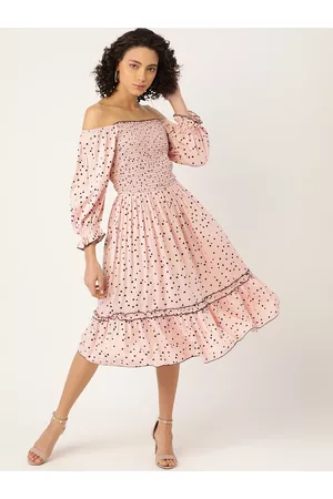 Antheaa Women Pink & Black Polka Dots Printed Off-Shoulder Fit & Flare Dress