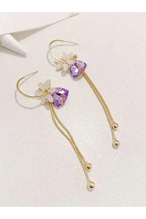 Yellow Chimes Women Gold Tone Flower Designed Crystal Long Chain Drop Dangle Earrings