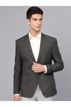 MANQ Grey Solid Slim Fit Single-Breasted Formal Blazer