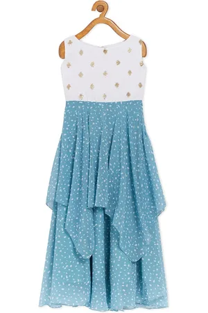 Ethnovog Blue White Georgette Embellished A-Line Maxi Dress