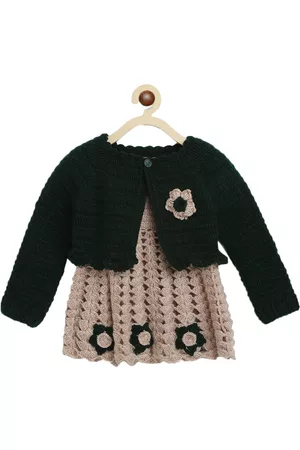 CHUTPUT Girls Beige Self Design Jumper Dress With Shrug