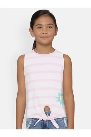 METRO KIDS COMPANY Girls Pink & White Organic Cotton Striped Round Neck T-shirt