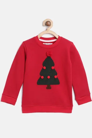 Nauti Nati Girls Red & Green Self Design Sweatshirt