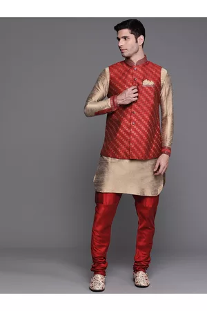 MANU Men Maroon & Golden Kurta with Churidar & Nehru Jacket