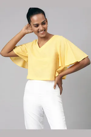 Fabindia Yellow Flared Sleeves Pure Cotton Crop Top
