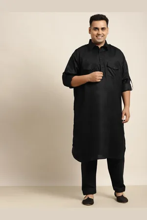 SOJANYA Men Plus Size Black Cotton Linen Solid Pathani Kurta with Salwar