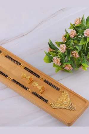 Brandsoon Gold-Plated Black Beaded Mangalsutra With Earrings