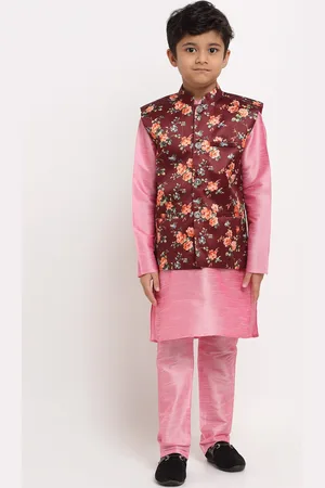 Kraft Boys Pink Floral Dupion Silk Kurta with Pyjamas & Nehru Jacket