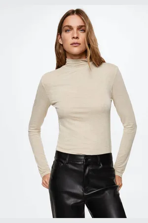 MANGO Women Off White Solid High Neck T-shirt