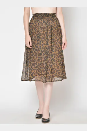 Cation Women Brown & Black Animal Printed Flared Midi Skirt