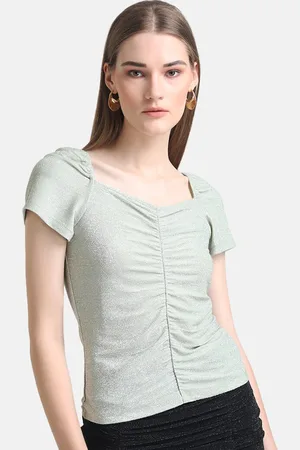 Kazo Women Green Ruched Smocked Crop Top