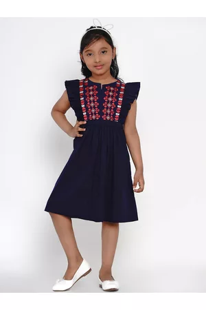 Bhama Girls Navy Blue Embroidered Fit and Flare Dress
