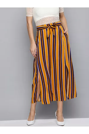 marie claire Women Mustard Yellow & Purple Striped A-Line Skirt