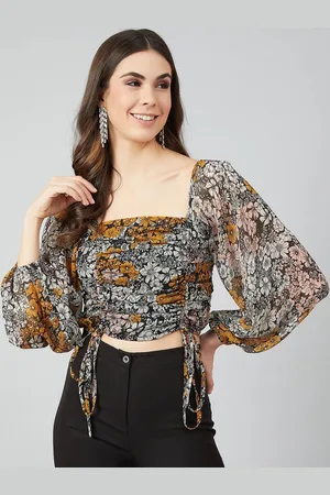 ATHENA Black Floral Printed Puff Sleeves Smocked Georgette Regular Crop Top