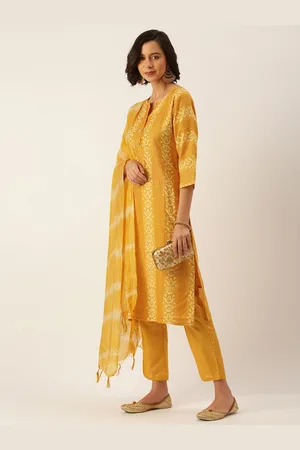 SWAGG INDIA Women Mustard Yellow Handblock Print Liva Kurta with Trousers & Dupatta